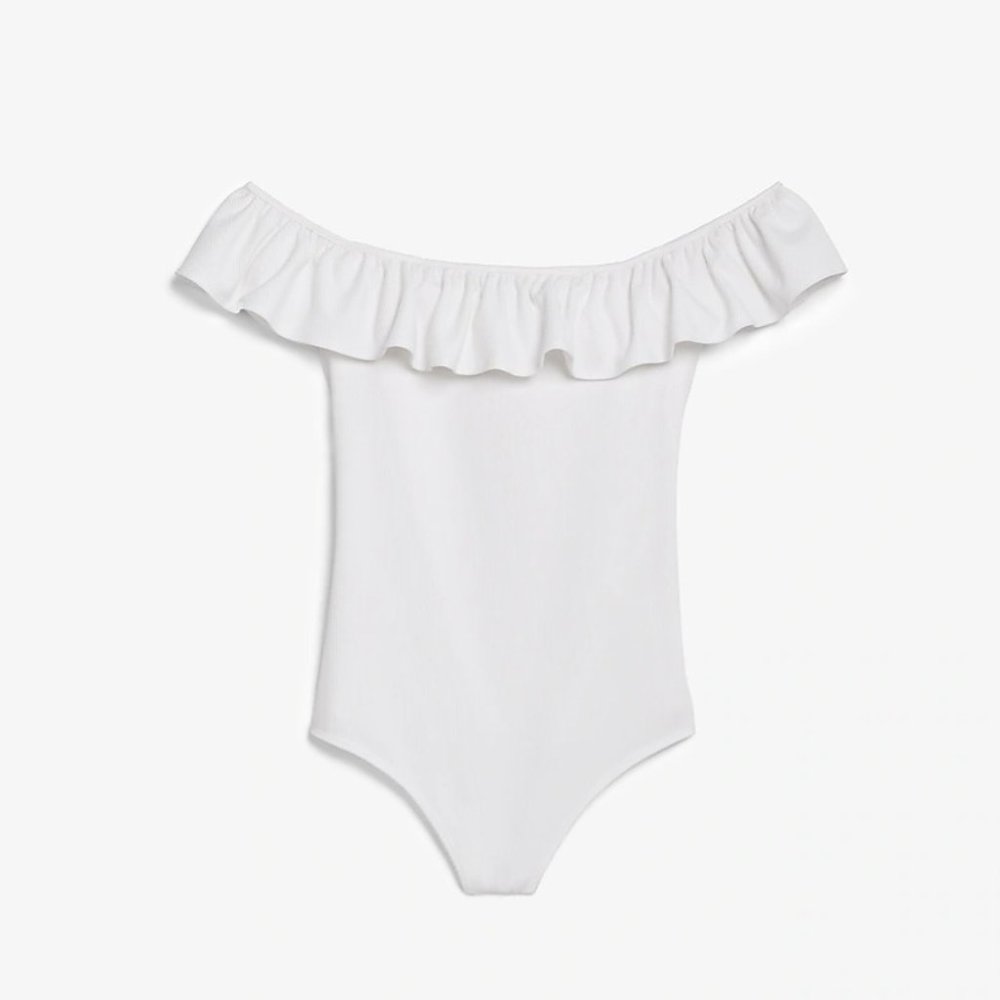 Express White Ruffled Off Shoulder Bodysuit, S